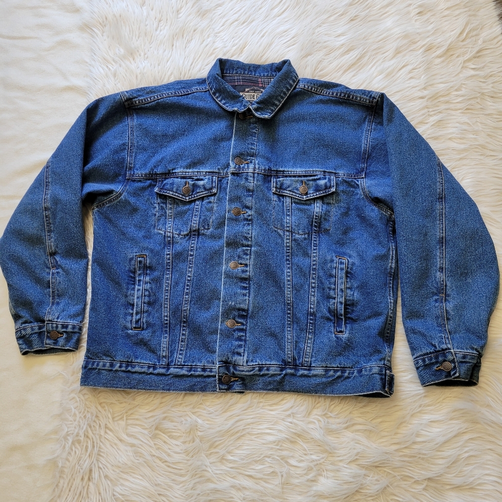 Guide Gear Blue Jean Jacket LLT Denim Flannel Lined Coat Mens Trucker 80s 90s